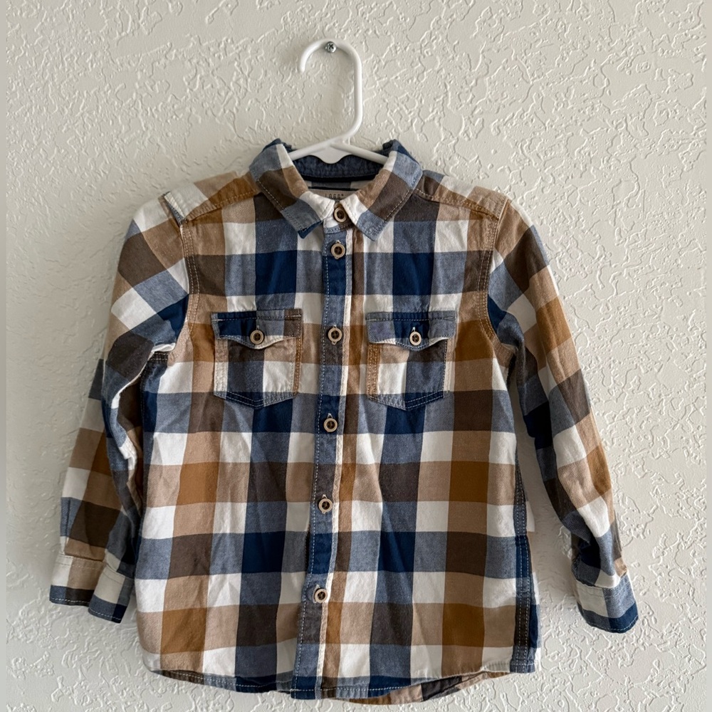 Blue and Tan Plaid Button Up Shirt